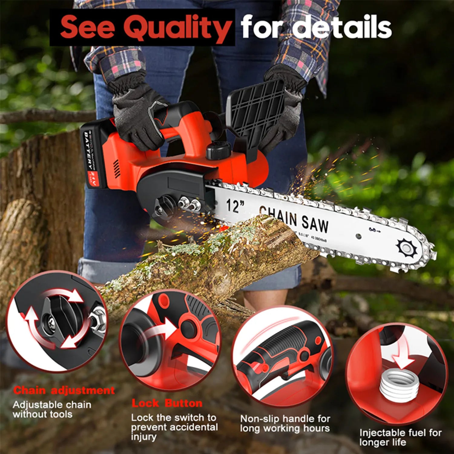 Cordless Electric Chainsaws, 12 Inch, Brushless Motor, Battery Included