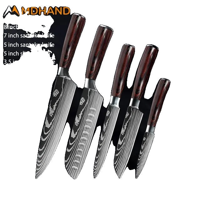 10-pieces Damascus Kitchen Knife Set, Stainless Steel, Japanese Santoku Knife