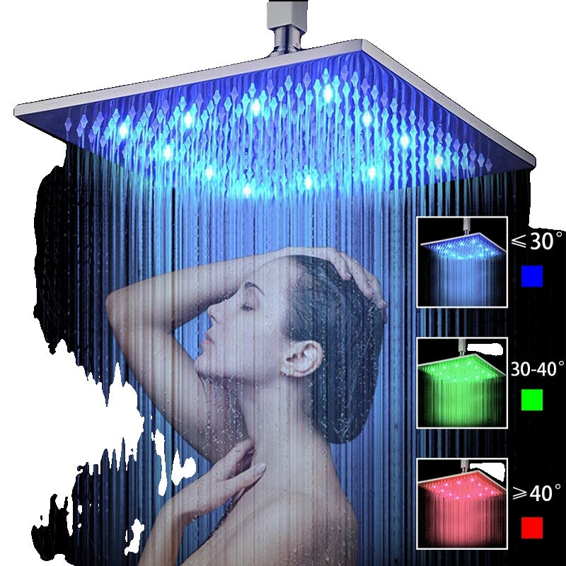 LED Rainfall Shower Head, Color Changing LED Lights, Square Brass Design