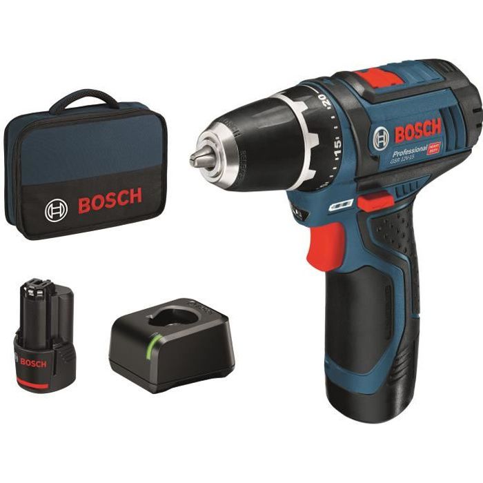 BOSCH PROFESSIONAL Accuschroefmachine 12V GSR 12V-15, 2 x 2.0Ah + lader 1230, in een tas