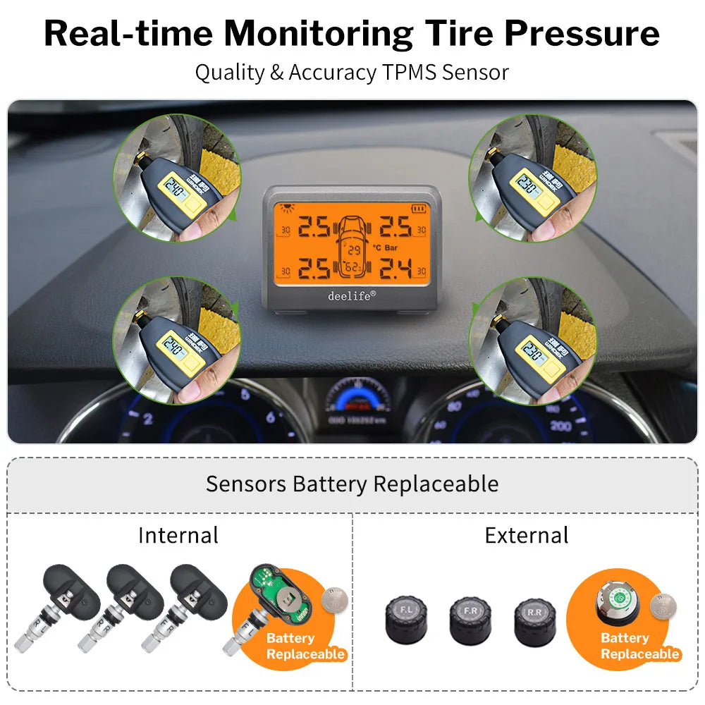 Solar TPMS, 4 Wheel Tyre Battery Replaceable Internal External Sensors