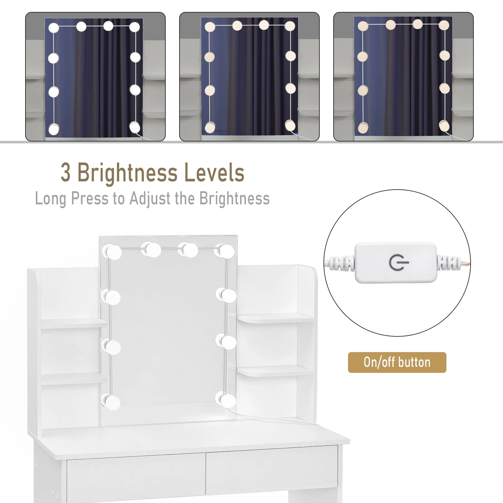 Kaptafel, LED-spiegel, 2 lades