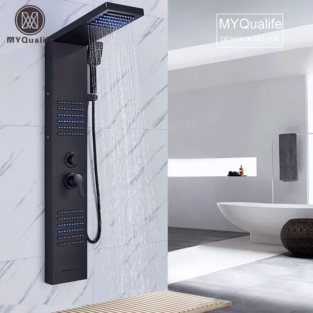 Shower Panel, LED Waterfall Rain Shower, Double Handle Mixer Tap