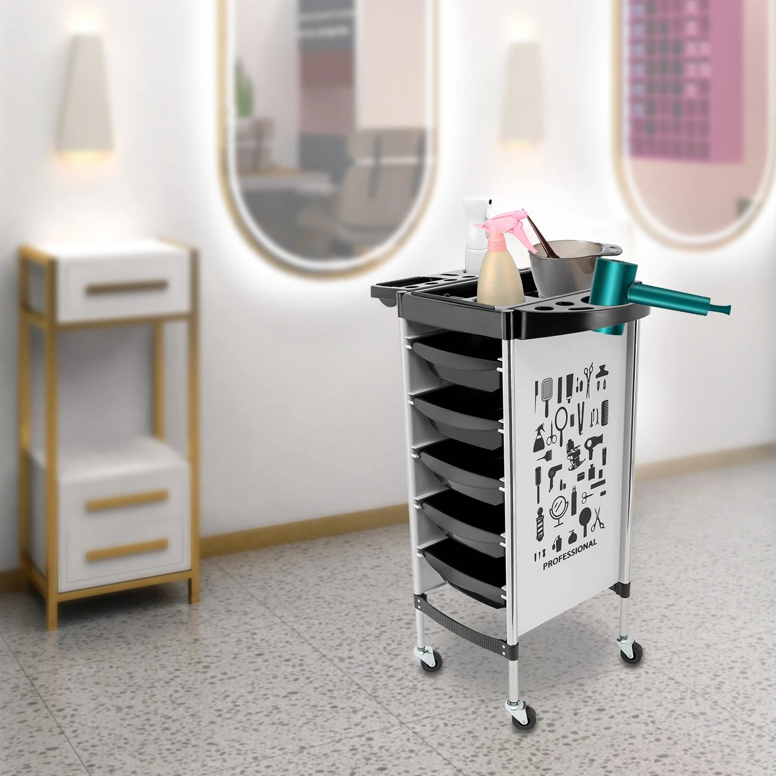 Salon Trolley, 5-pull-out Drawers, Foldable Tool Holders