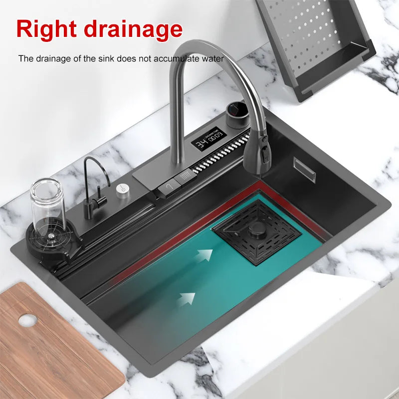 Stainless Steel Kitchen Sink, Waterfall Design, Large Single Slot