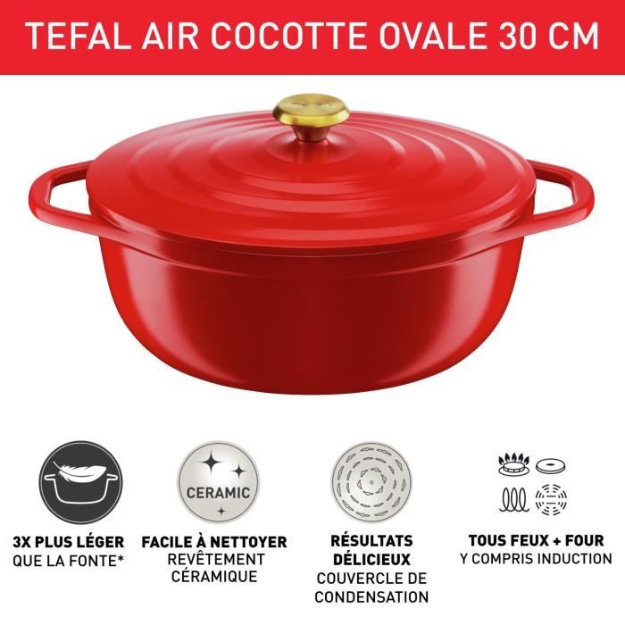 Tefal E2548904 Air Cocotte Légere Ovaal 30x23 cm, Rode aluminium gietijzer, geschikt voor alle warmtebronnen inclusief inductie