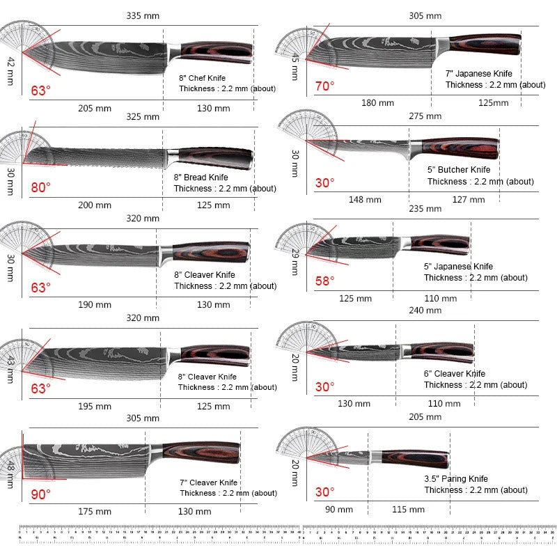 10-pieces Damascus Kitchen Knife Set, Stainless Steel, Japanese Santoku Knife