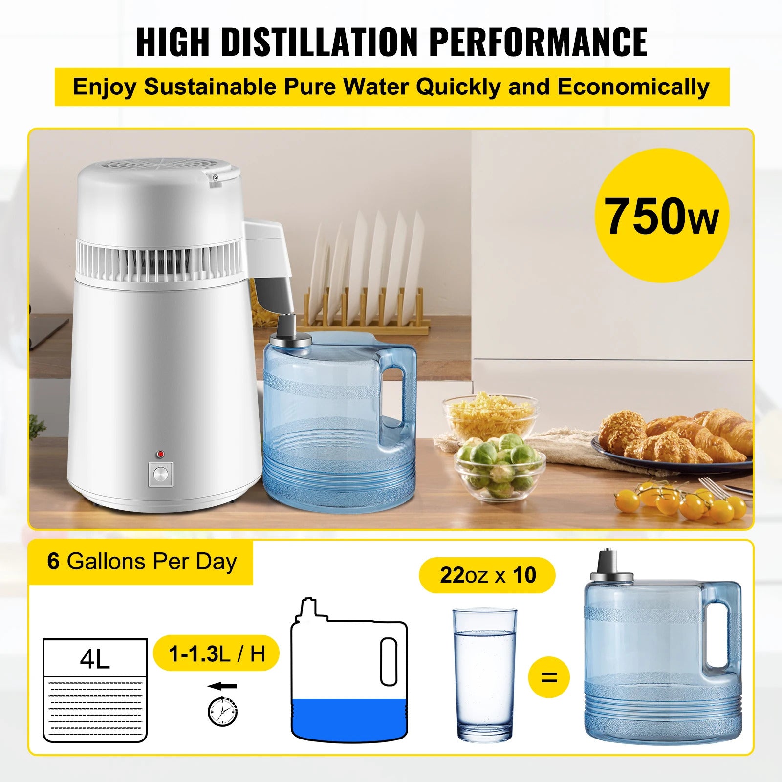 Gedestilleerd Watermachine, 4L Capaciteit, 750W Vermogen, Roestvrij staal