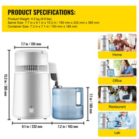 Gedestilleerd Watermachine, 4L Capaciteit, 750W Vermogen, Roestvrij staal