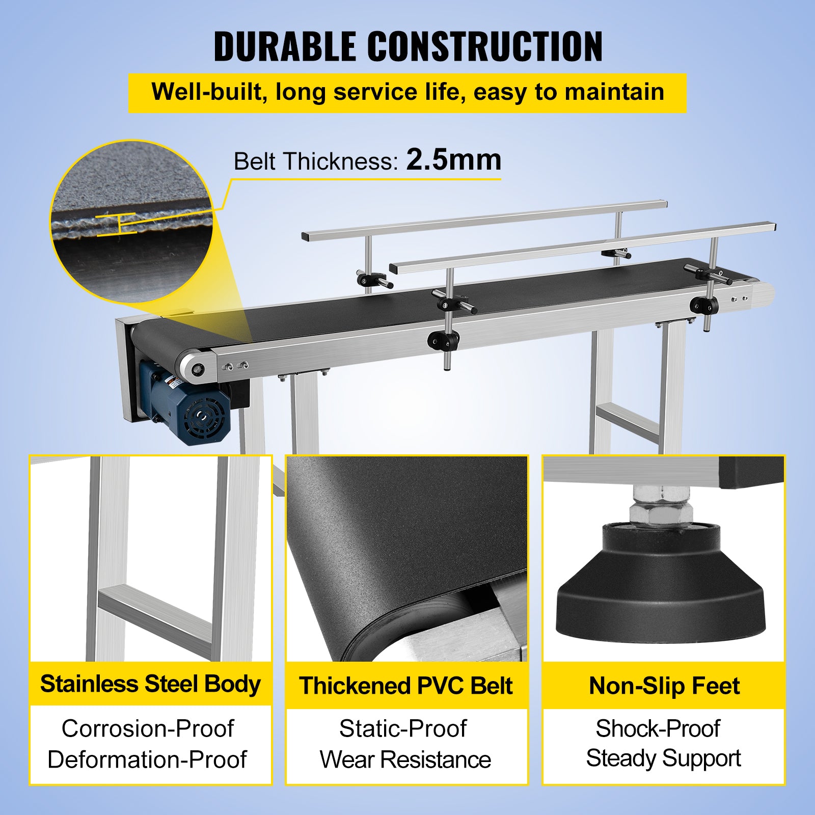 Conveyor Belt Machine, 150 CM Length, Stainless Steel Guardrail