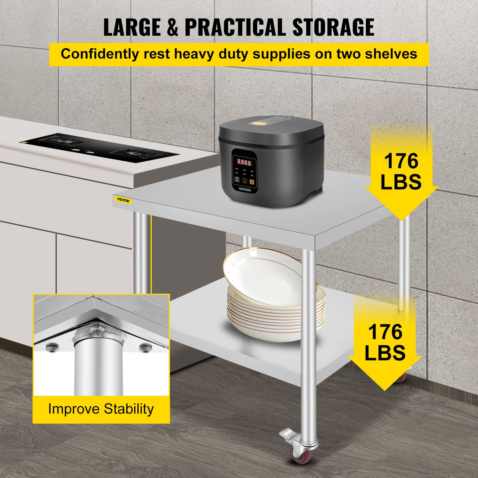 Kitchen Prep Table, Adjustable Shelf, Caster Wheels